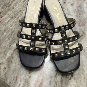 Anne Klein Black and Gold Studded Slide Sandals